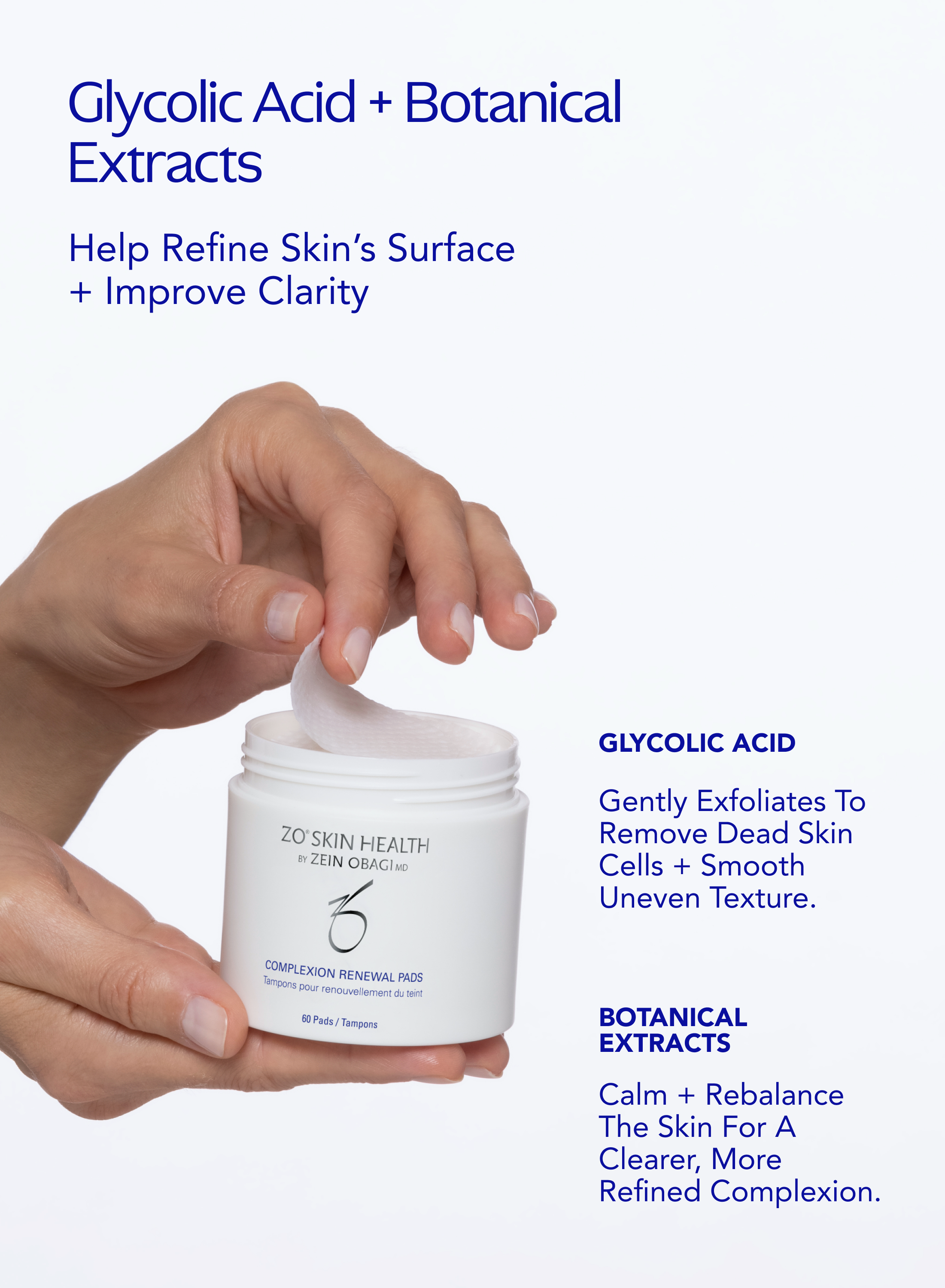 Hand holding a jar of skincare product with text about glycolic acid and botanical extracts on a white background.