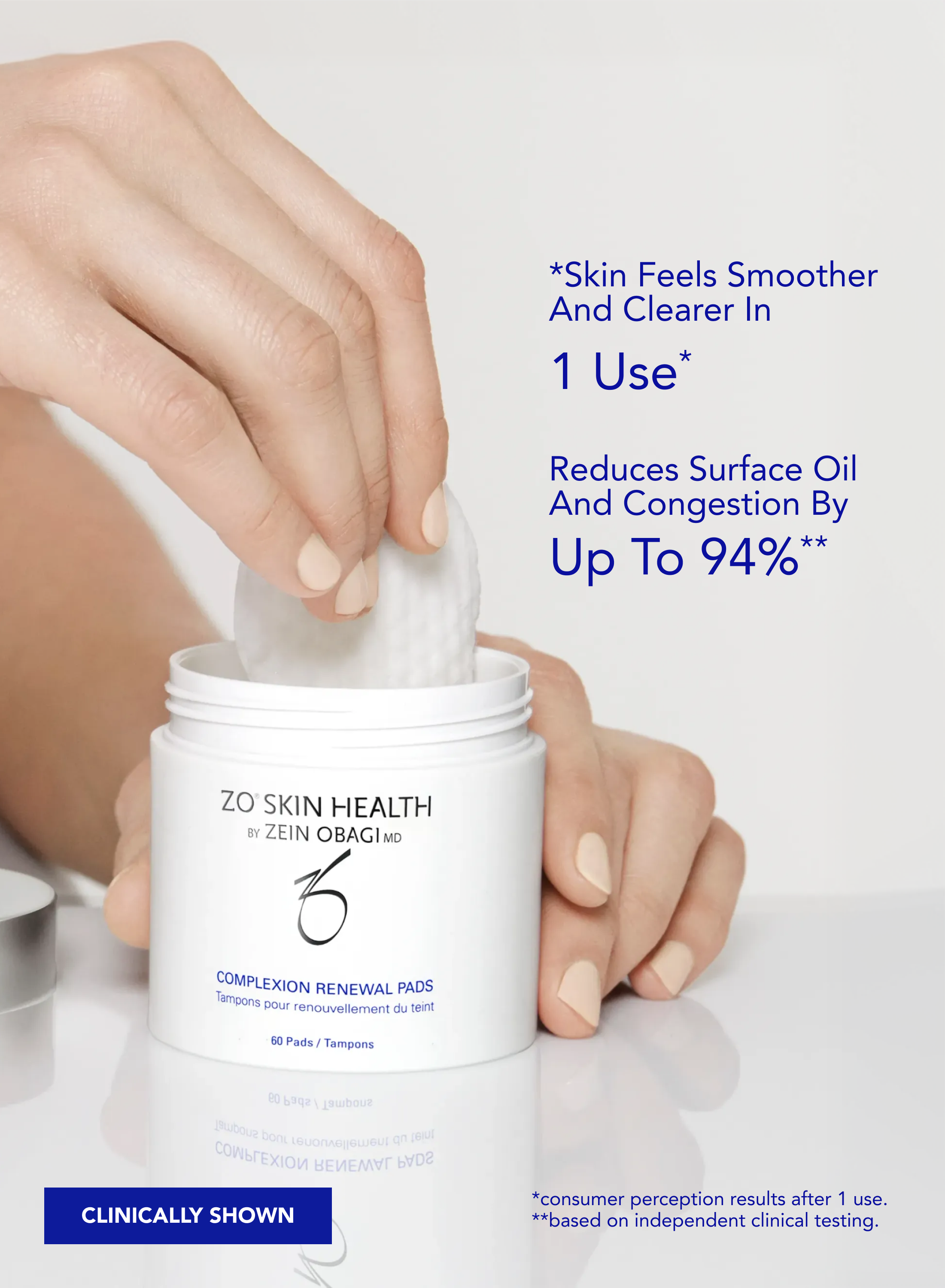 Zo Skin Health Complexion Renewal Pads with a hand holding a pad over a white background
